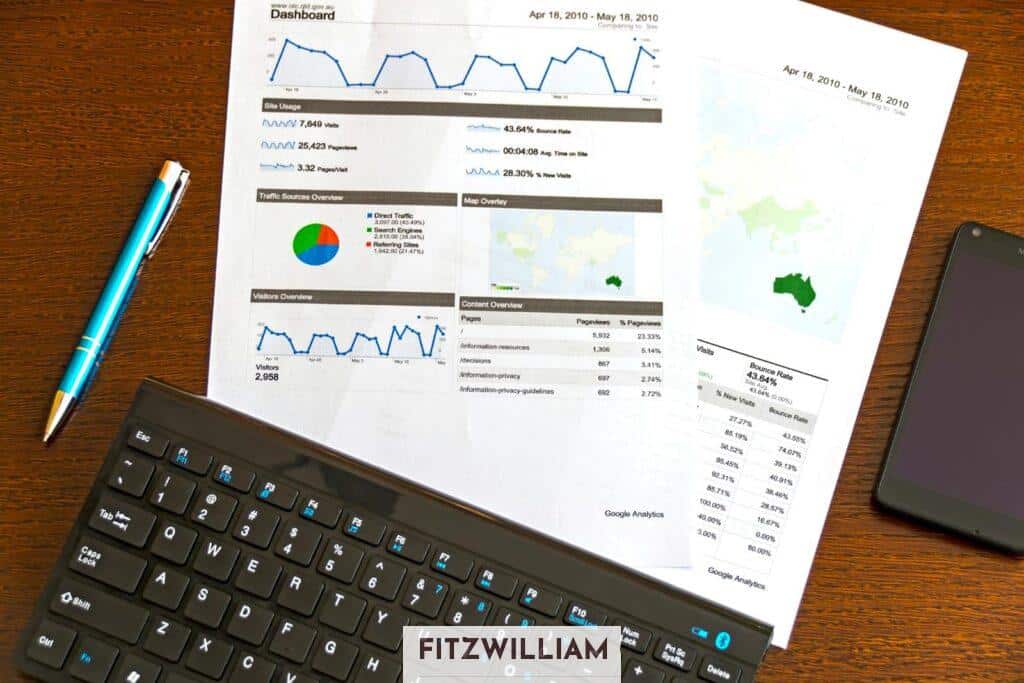Flatlay of a business analytics report, keyboard, pen, and smartphone on a wooden desk.