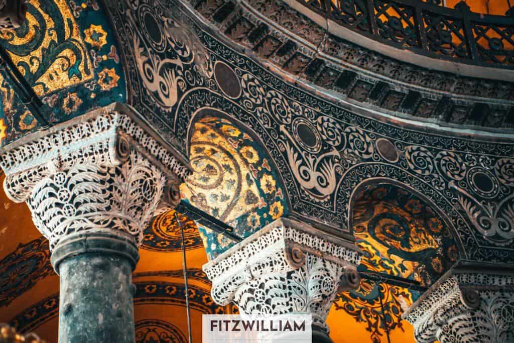 brown and blue floral ceiling