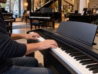 Persona probando un piano digital Yamaha en una tienda de Barcelona