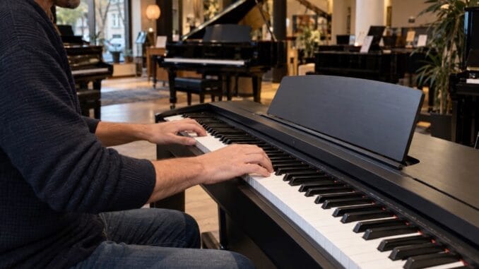 Persona probando un piano digital Yamaha en una tienda de Barcelona